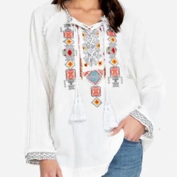 Johnny Was Tops - Johnny Was Joanne White Gauzy Cotton Blouse with multi-colored embroidery SZ XL